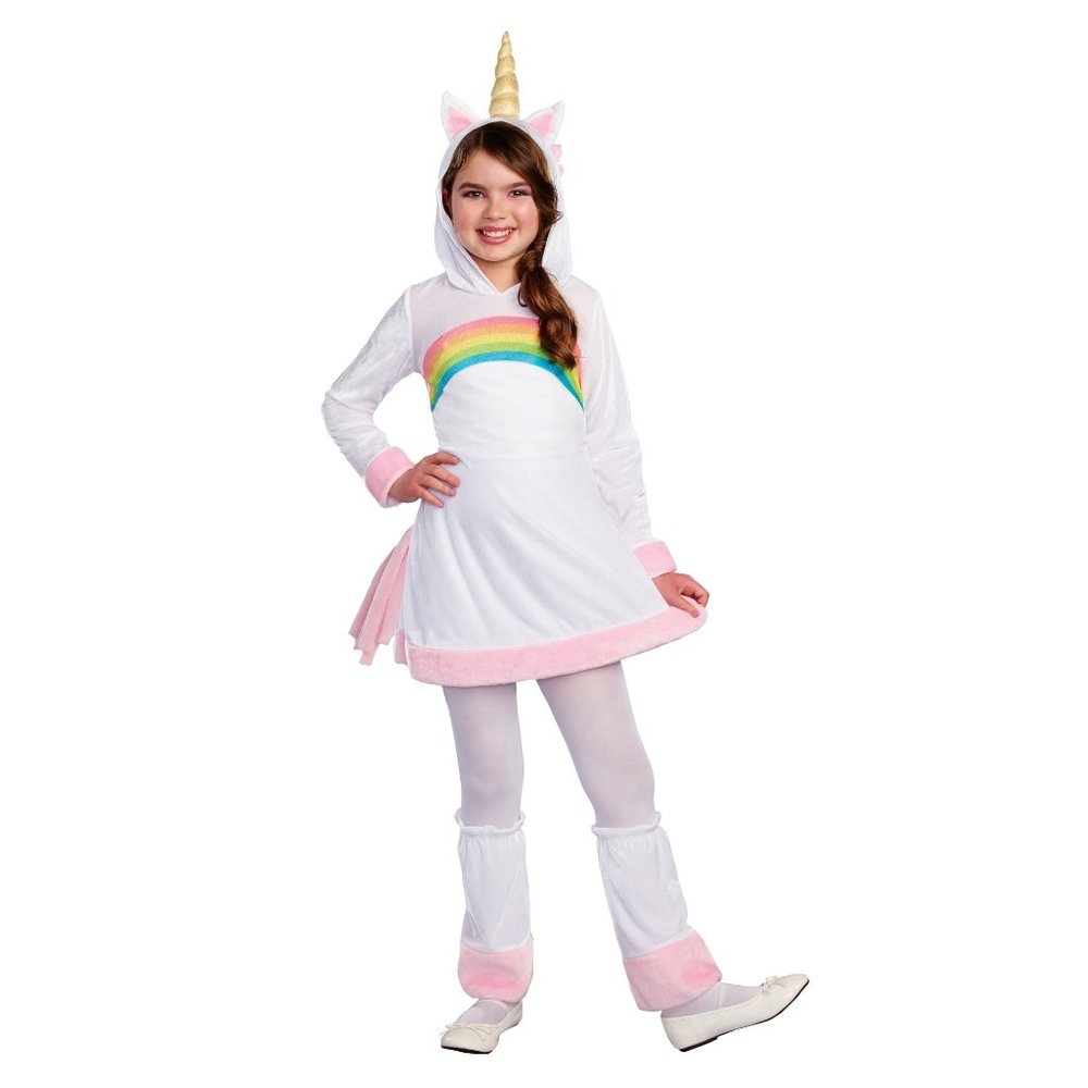 Girls CUDDLY UNICORN Halloween Costume Size Med 8/10 Dress Hood boot covers NWT
